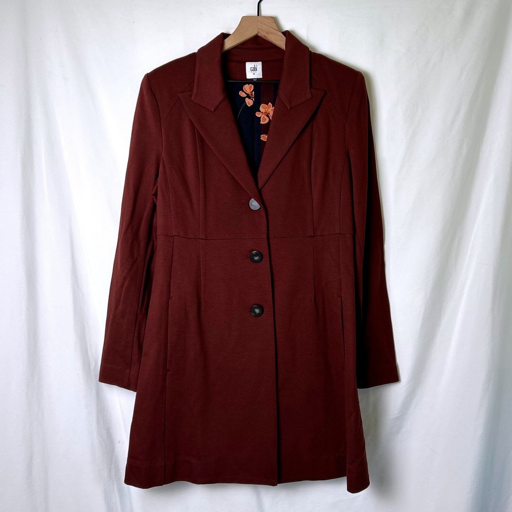 Cabi Womens Longline Three Button Knit Blazer Coat Size M Burgundy Wine Office
